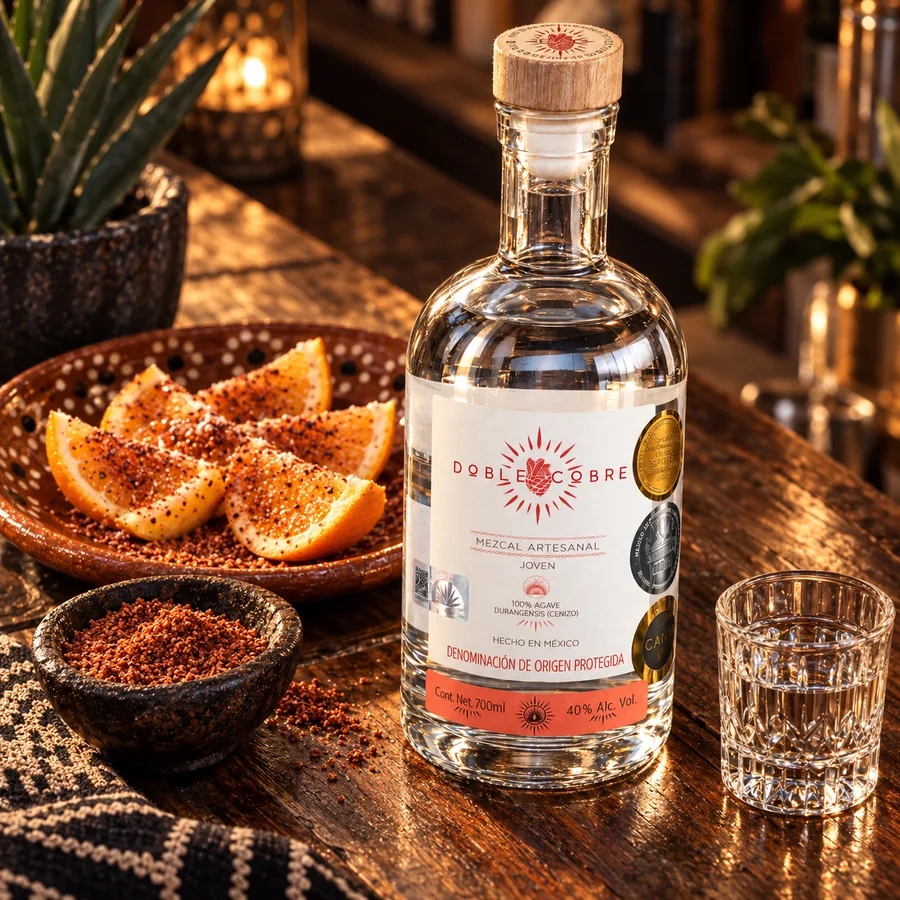 Botella de Mezcal Doble Cobre en una barra de madera, junto a gajos de naranja con sal de gusano, un caballito y un agave