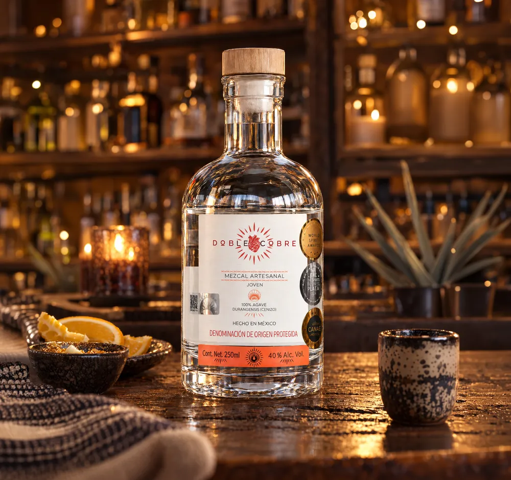 Botella de Mezcal Doble Cobre de 250 ml sobre una barra de madera, junto a naranja, sal y un vasito de barro