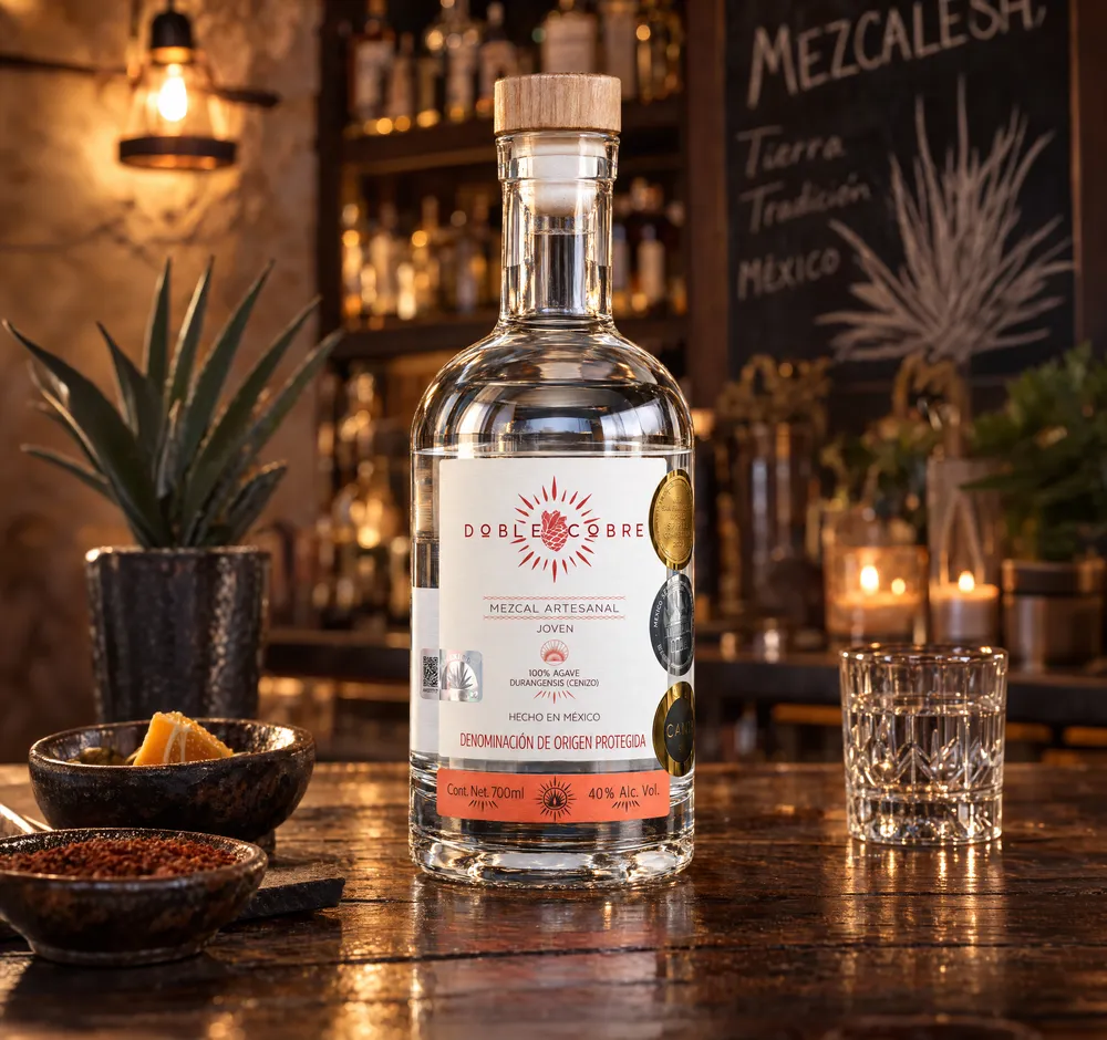 Botella de Mezcal Doble Cobre de 700 ml sobre la barra de un bar, junto a un vaso, naranja y sal