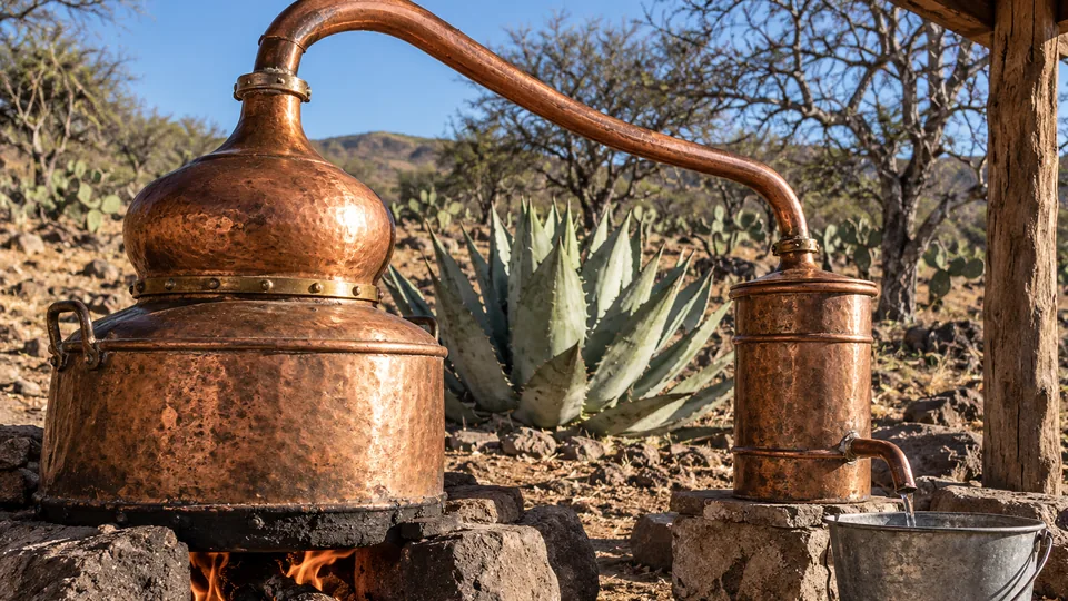 Alambique de cobre sobre fuego de leña, con el mezcal recién destilado cayendo a una cubeta, al aire libre entre agaves