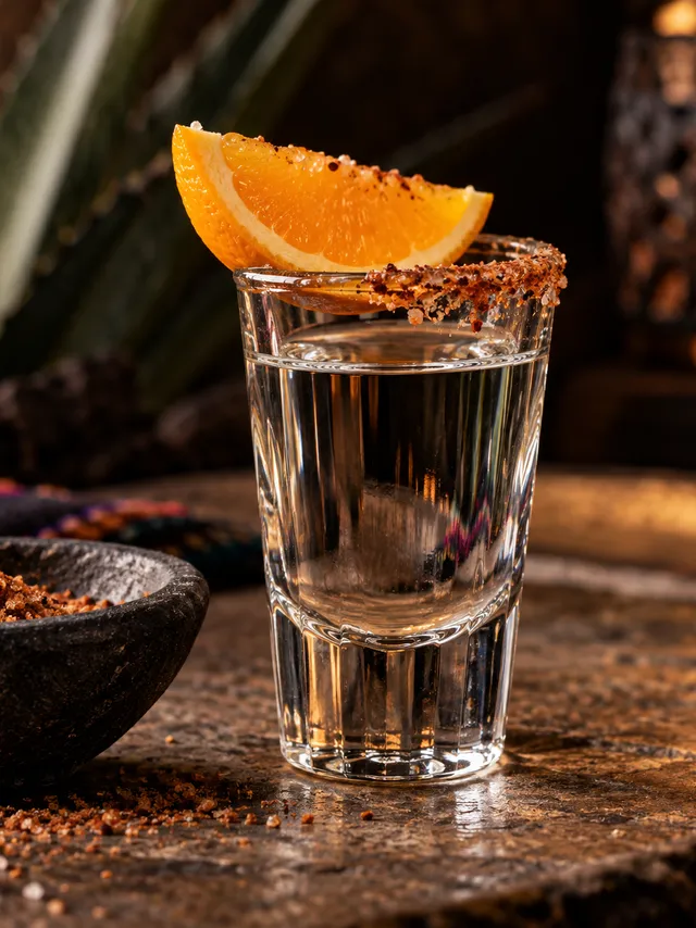 Caballito de Mezcal Doble Cobre con media rodaja de naranja y sal de gusano en el borde, junto a un cuenco de sal de gusano