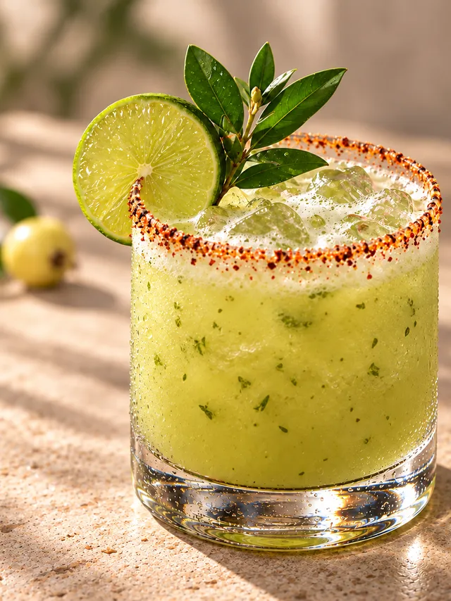 Mezcalita de arrayán en vaso escarchado con chile, con rodaja de limón y ramita de arrayán; al fondo, un arrayán