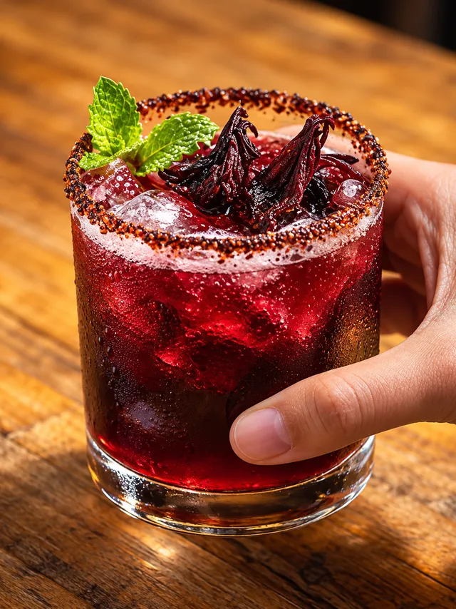 Mezcalita de jamaica con hielo en vaso escarchado con chile, decorada con flores de jamaica y hierbabuena