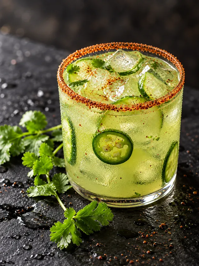 Mezcalita de pepino con hielo, rodajas de pepino y jalapeño, hojas de cilantro y escarchado de chile